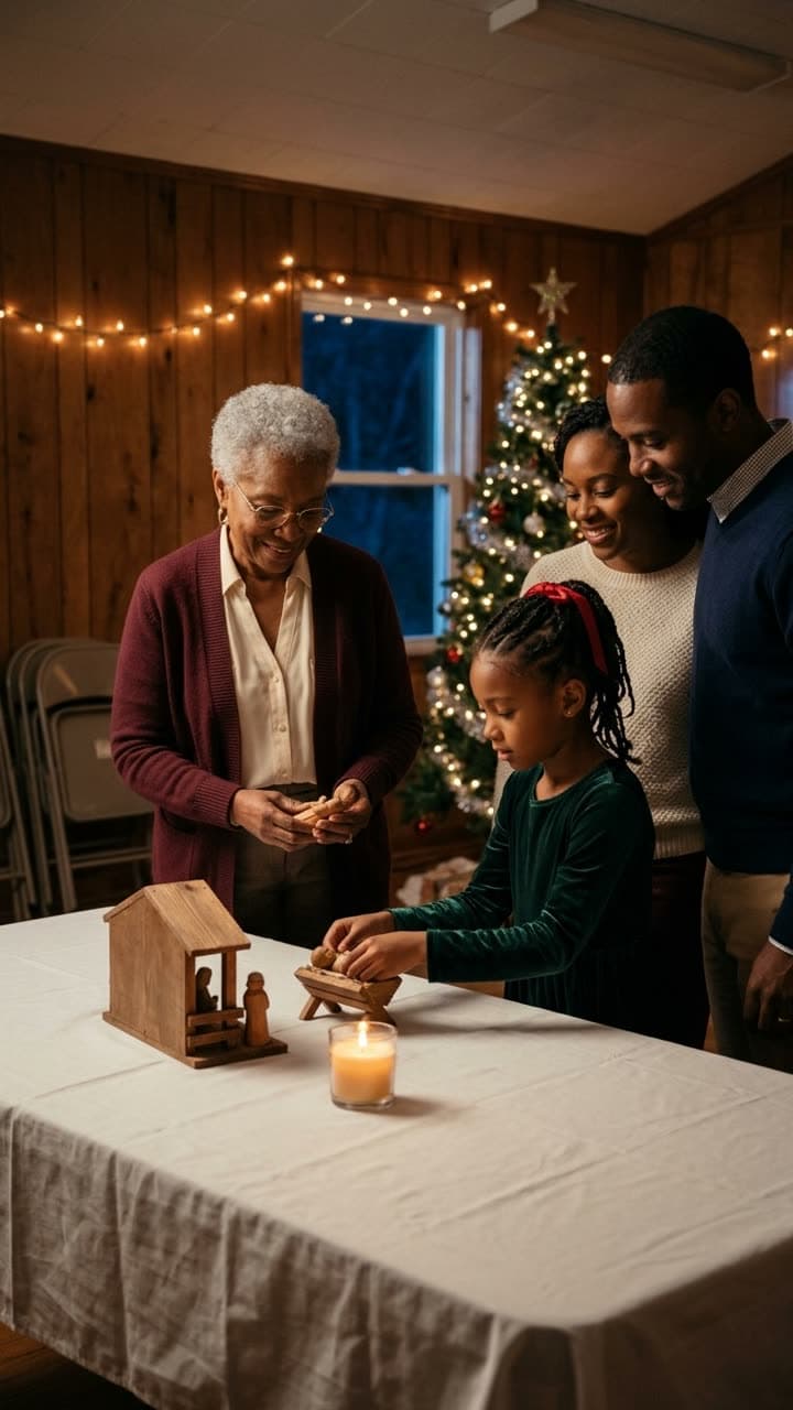 A grandmother and her granddaughter set out a wooden nativity scene on a fellowship hall table on Christmas Eve