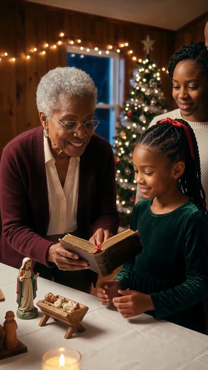 A grandmother opens a Bible beside her granddaughter, a nativity figurine on the table
