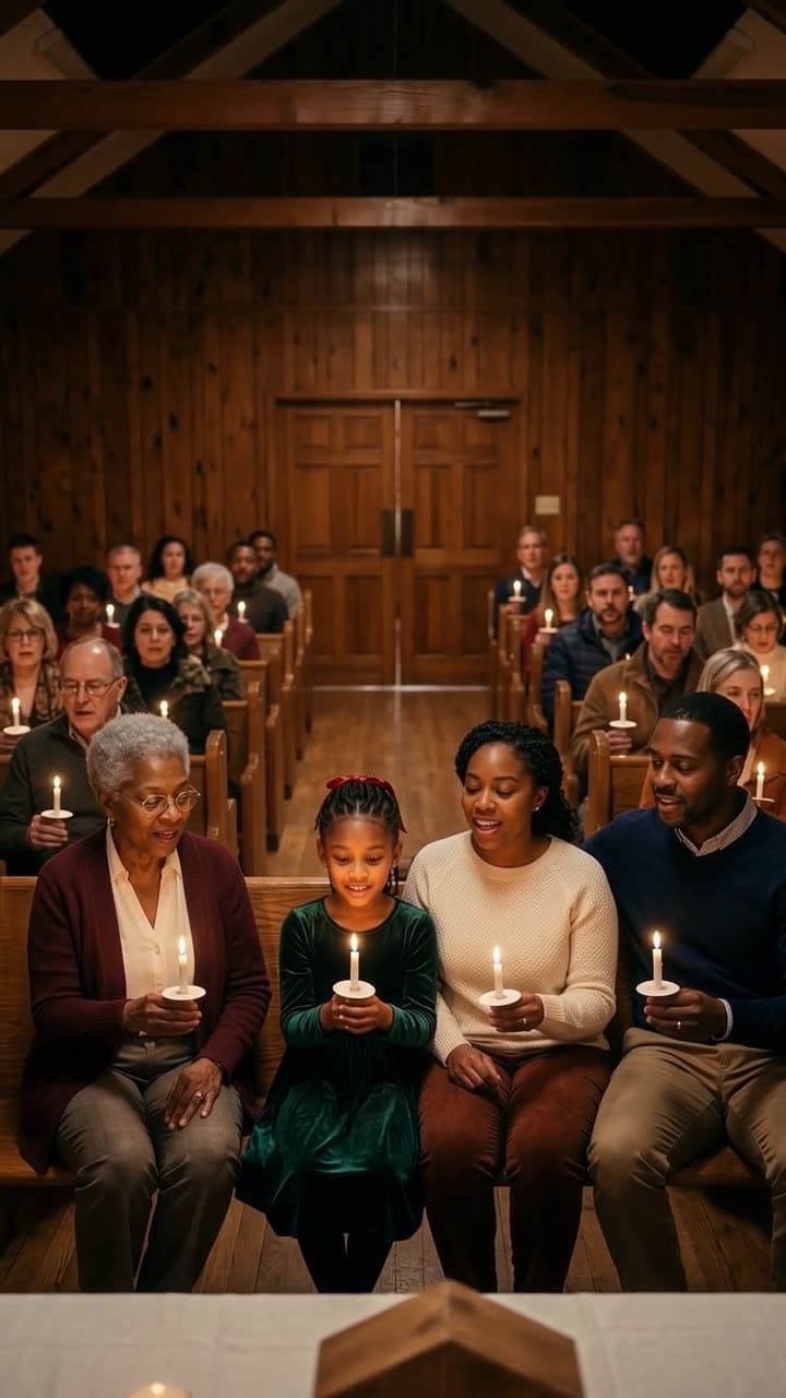A family holds lit candles in a church pew on Christmas Eve